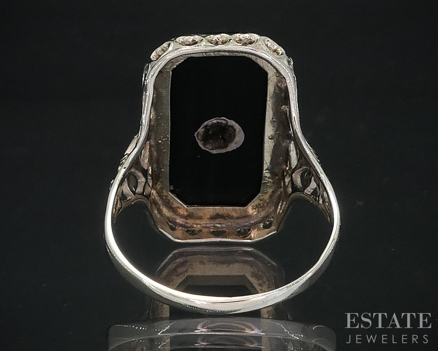 Antique 14k White Gold Natural Black Onyx & Diamond Filigree Ring 5g i18643