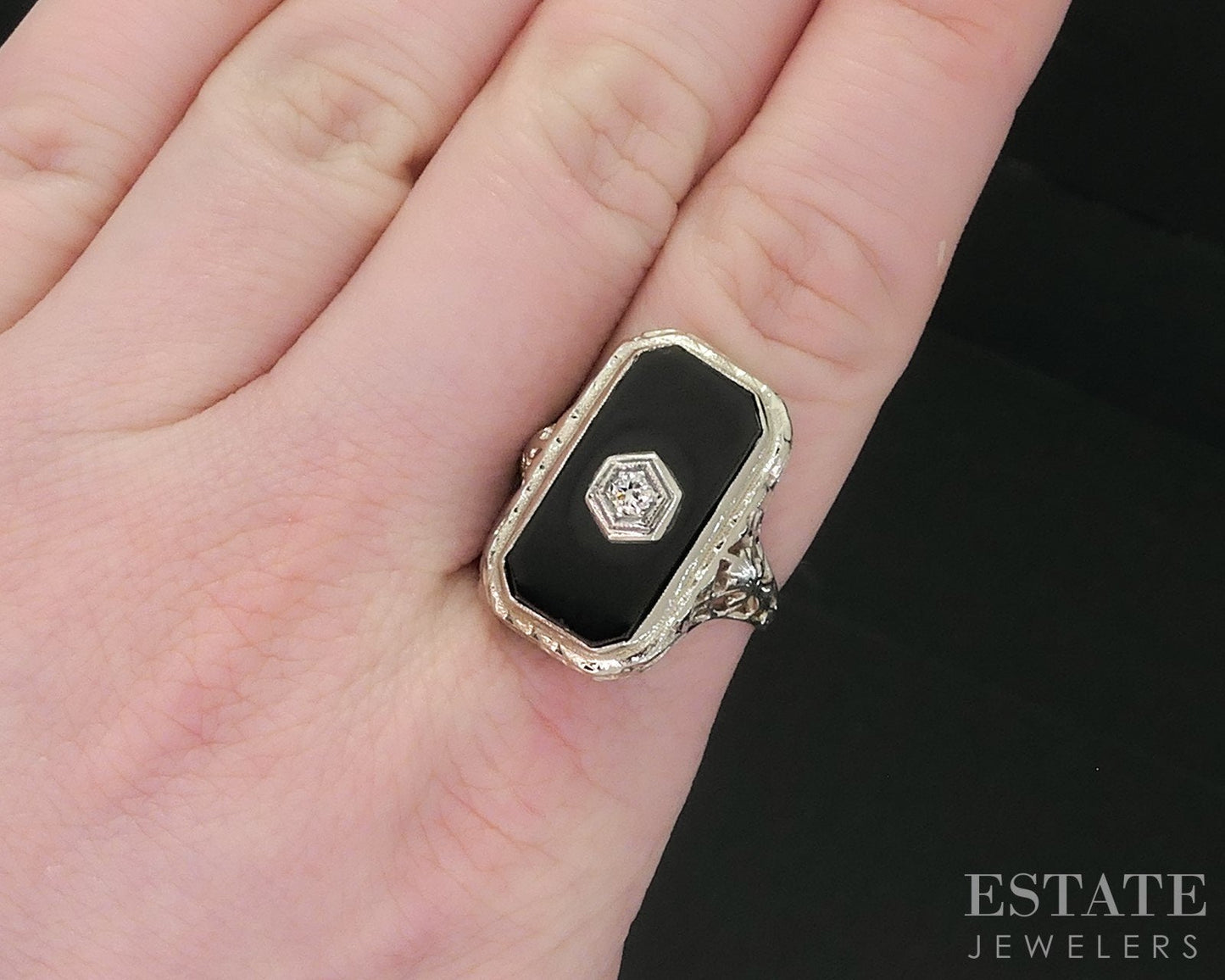 Antique 14k White Gold Natural Black Onyx & Diamond Filigree Ring 5g i18643