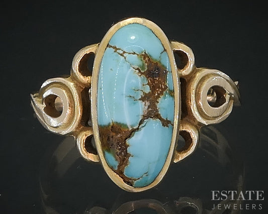 Antique Victorian 9k Yellow Gold Natural Turquoise Ladies Ring 2.6g i18639