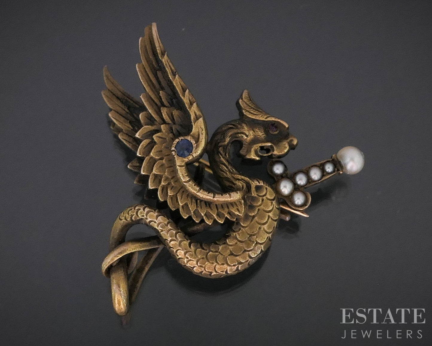 Antique Victorian 20k Yellow Gold Griffin Sword Pin Pendant 7.6g p78058