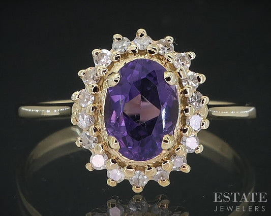 14k Yellow Gold Oval Natural Amethyst & Diamond Ladies Halo Ring 2.1g i18669b