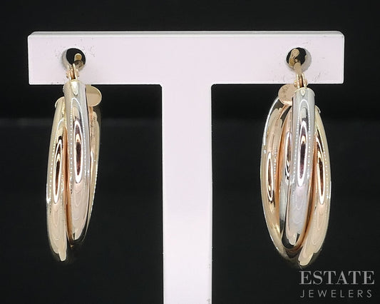 10k Yellow & White Gold Twisted Double Hoop Ladies Earrings 1.2g i18664b