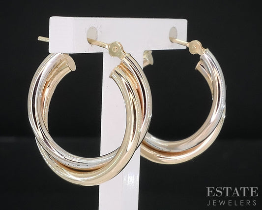 10k Yellow & White Gold Twisted Double Hoop Ladies Earrings 1.2g i18664b