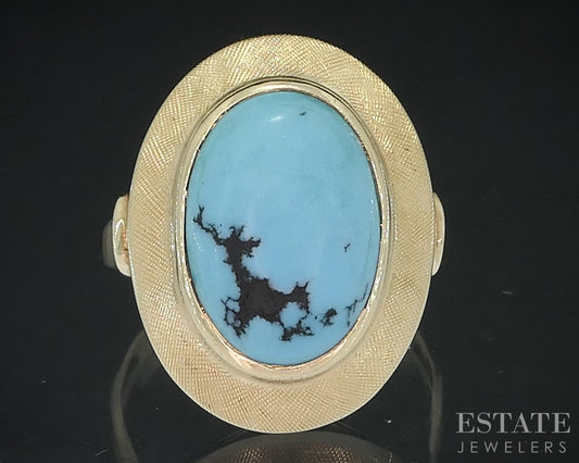 Vintage 14k Yellow Gold Oval Natural Turquoise Ladies Ring 3.2g i18661b
