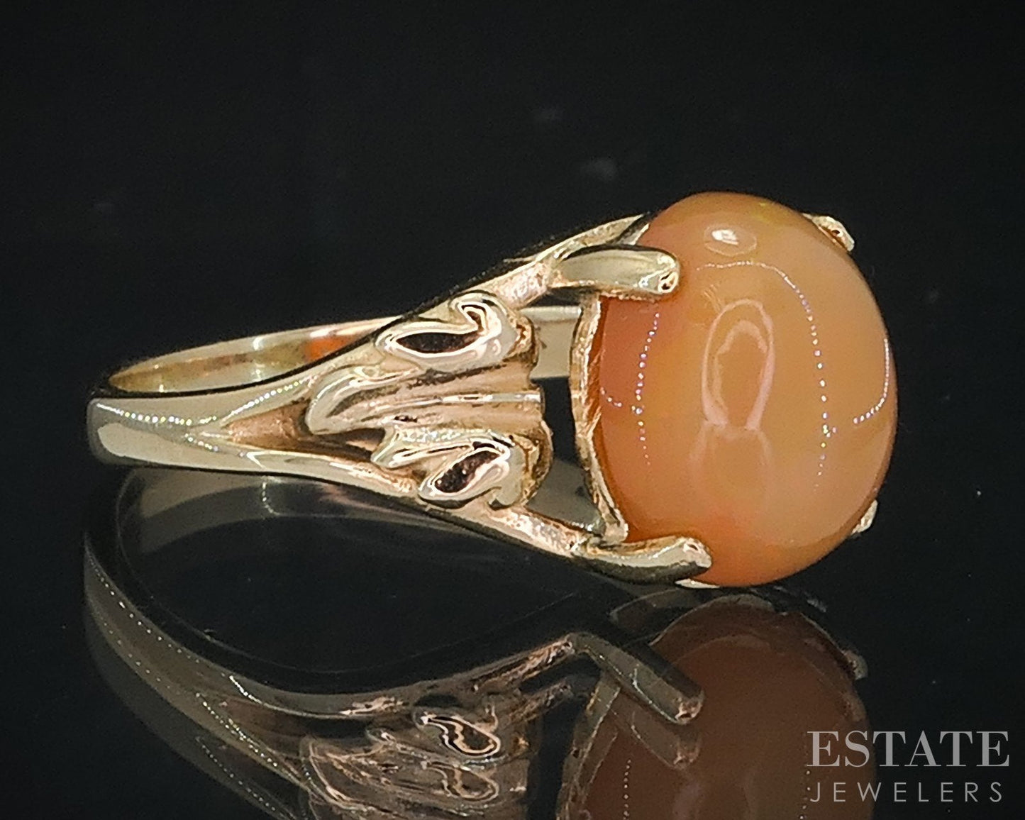 14k Yellow Gold Oval Natural Mexican Fire Opal Leafy Ladies Ring 3.3g i18692b