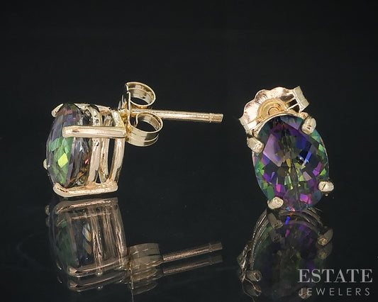 14k Yellow Gold Oval Natural Mystic Topaz Stud Earrings 1.9g i18687b