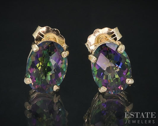 14k Yellow Gold Oval Natural Mystic Topaz Stud Earrings 1.9g i18687b