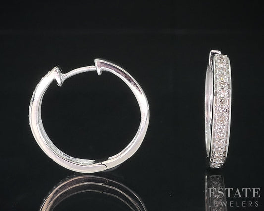 Vintage 10k White Gold Round Natural .20ctw Diamond Hoop Earrings 3.1g i18680b