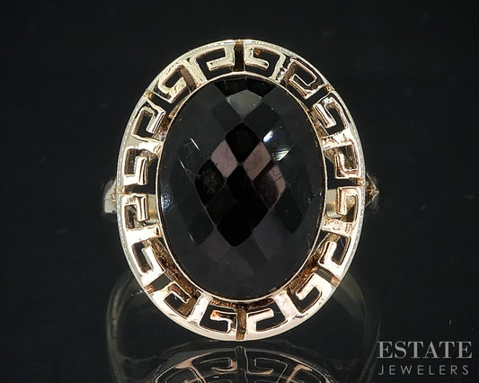 10k Yellow Gold Natural Black Onyx Greek Key Ladies Ring 3.7g i18693b