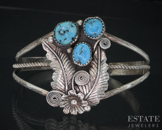 Vintage Sterling Natural Turquoise Navajo Willie Mariano Cuff Bracelet i18720