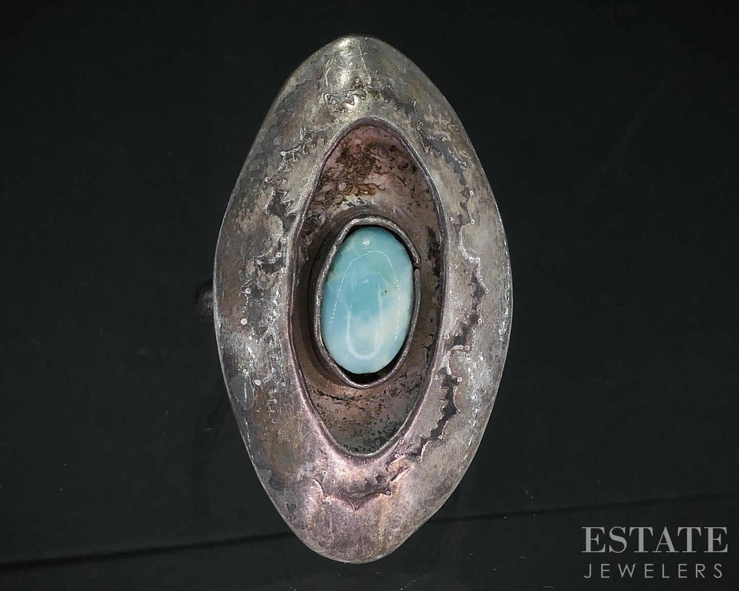 Vintage Sterling Natural Turquoise Navajo Shadowbox Signed Ladies Ring 7g i18715