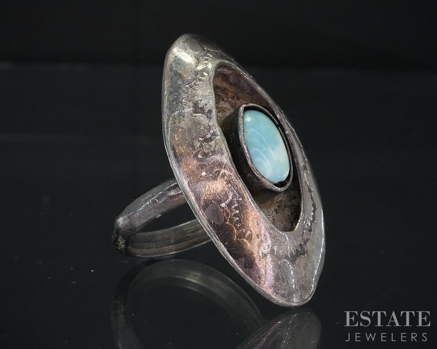 Vintage Sterling Natural Turquoise Navajo Shadowbox Signed Ladies Ring 7g i18715