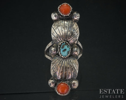 Vintage Sterling Natural Turquoise & Coral Navajo Ladies Shield Ring 6.4g i18713