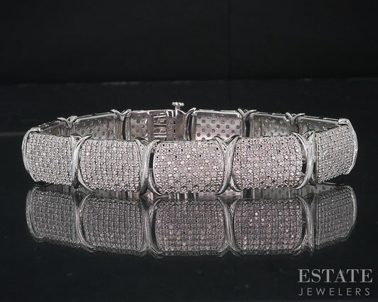 Sterling Natural 4ctw Diamond Panel Link Tennis Bracelet 23.2g 7.25"L i18708