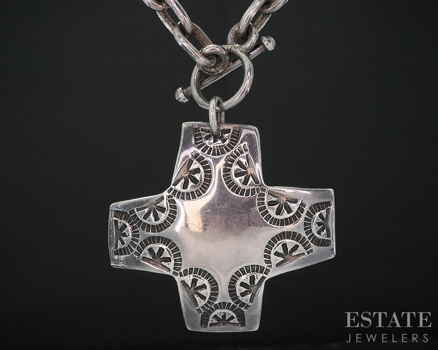 Vintage Sterling Navajo Sunrise Overlay Cross Ladies Necklace 36g 17"L i18707