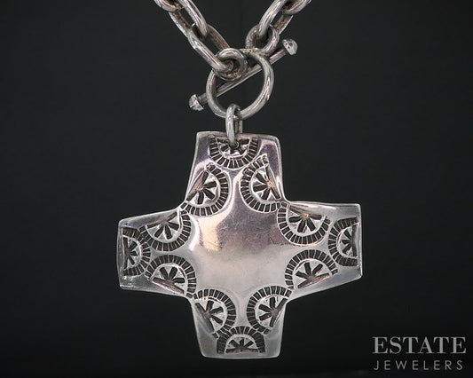Vintage Sterling Navajo Sunrise Overlay Cross Ladies Necklace 36g 17"L i18707