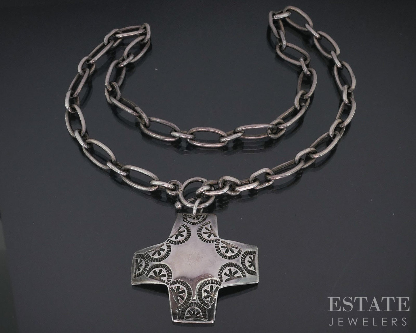 Vintage Sterling Navajo Sunrise Overlay Cross Ladies Necklace 36g 17"L i18707