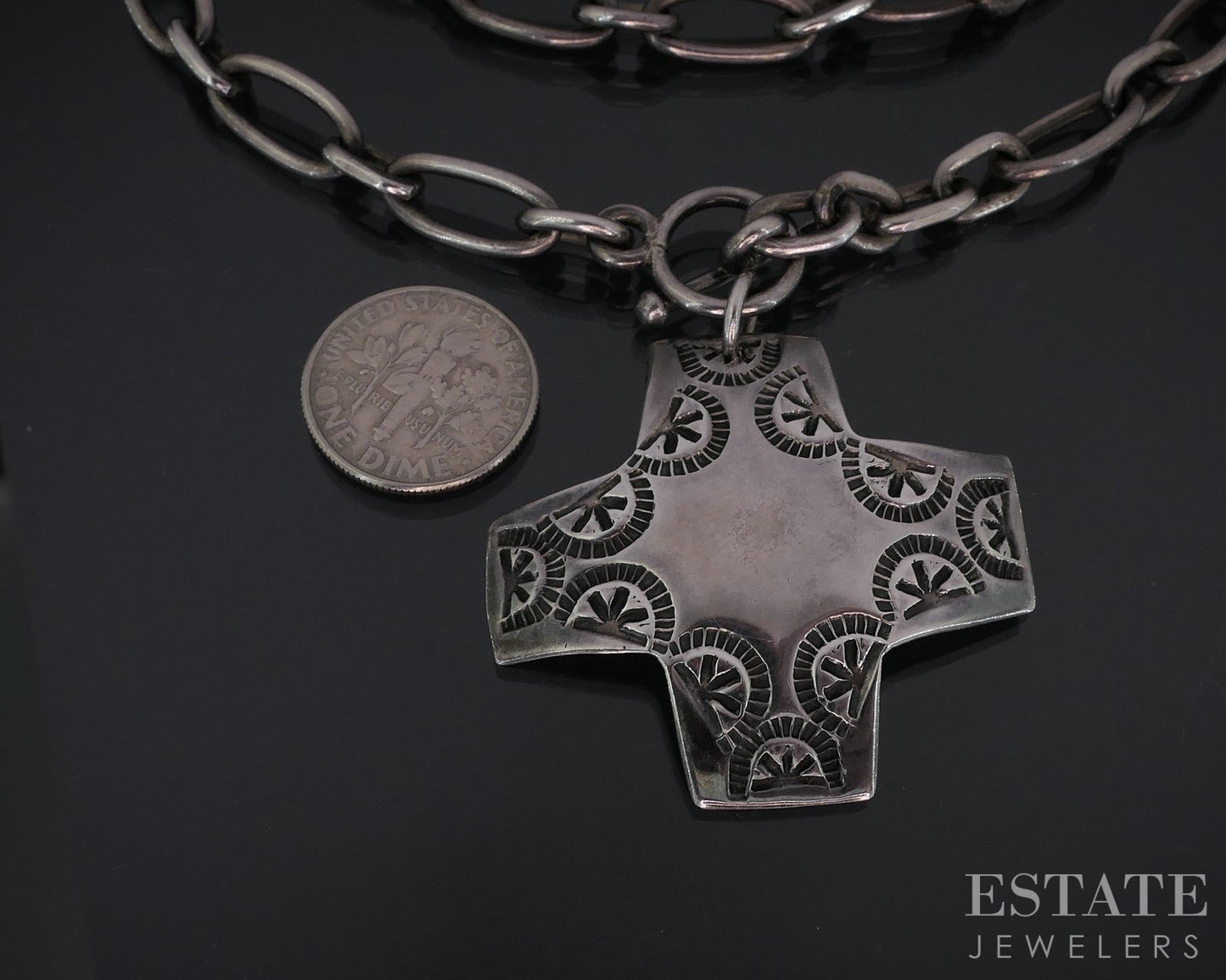 Vintage Sterling Navajo Sunrise Overlay Cross Ladies Necklace 36g 17"L i18707