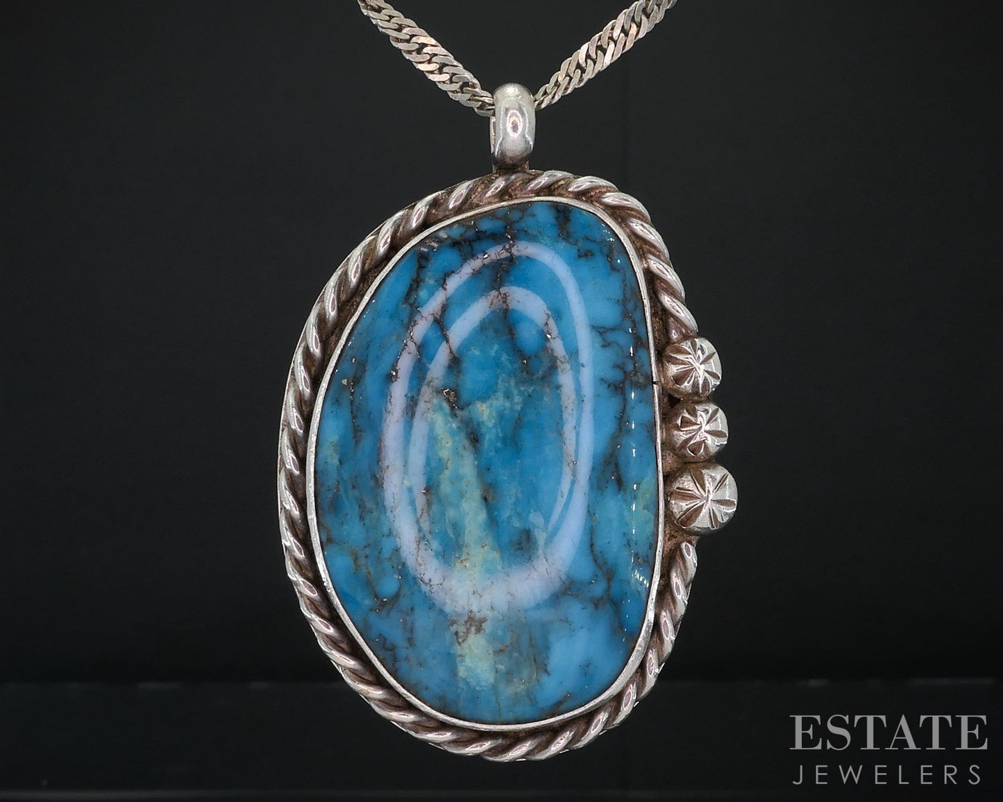 Vintage Sterling Natural Turquoise Navajo Jerry Roan Large Necklace 43g i18704