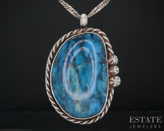 Vintage Sterling Natural Turquoise Navajo Jerry Roan Large Necklace 43g i18704