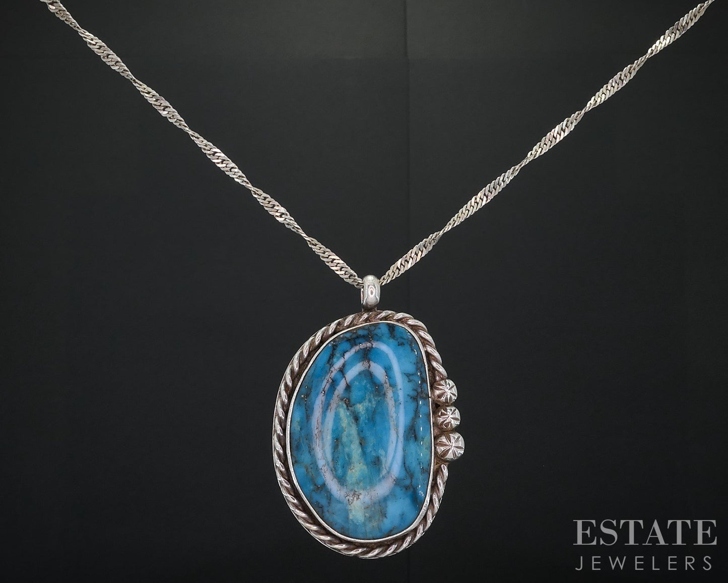 Vintage Sterling Natural Turquoise Navajo Jerry Roan Large Necklace 43g i18704