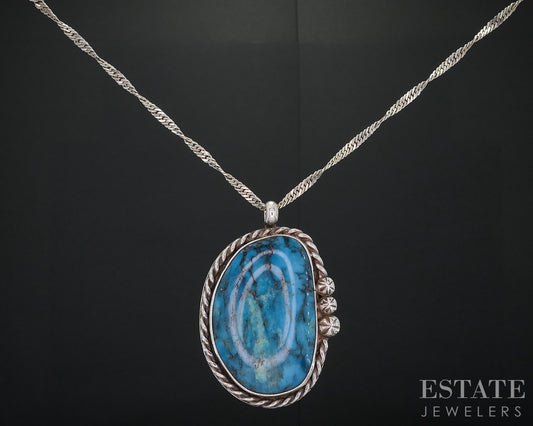 Vintage Sterling Natural Turquoise Navajo Jerry Roan Large Necklace 43g i18704