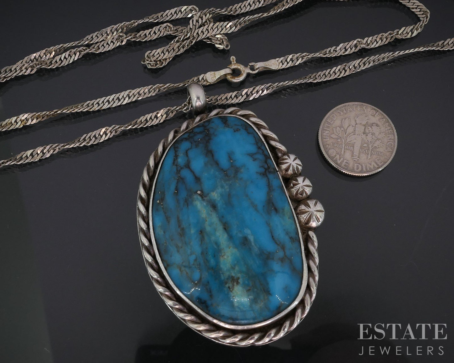 Vintage Sterling Natural Turquoise Navajo Jerry Roan Large Necklace 43g i18704