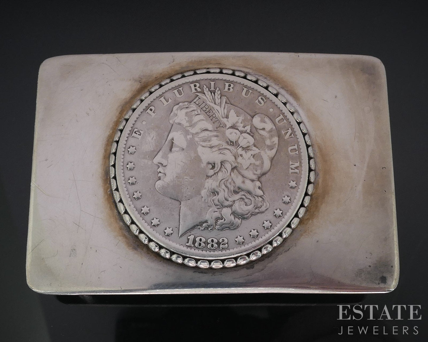 Vintage Sterling HALL 1882 Morgan Silver Dollar Mens Belt Buckle 95g i18703