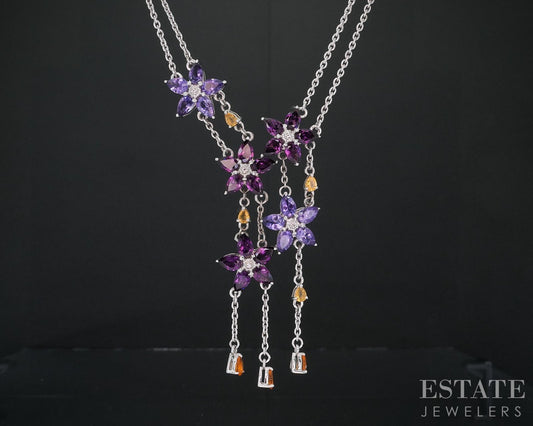 Sterling Silver Natural Multi Gem Flower Ladies Lariat Necklace 19g 18"L i18701