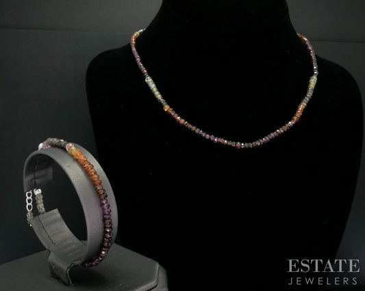 Sterling Multi Colored Sapphire Beaded Necklace & Bracelet Set 22g i18745