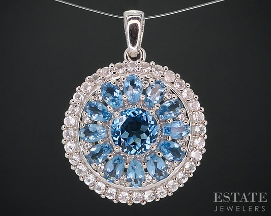 Sterling Silver Natural Blue & White Topaz Cluster Ladies Pendant 6.6g i18741
