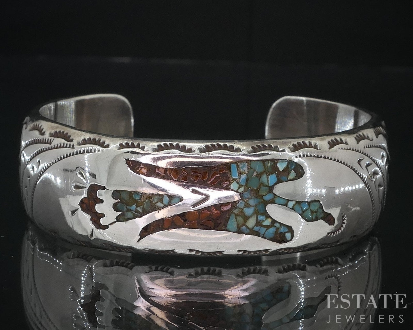 Vintage Sterling Turquoise & Coral Navajo Raymond Scott Cuff Bracelet 32g i18737