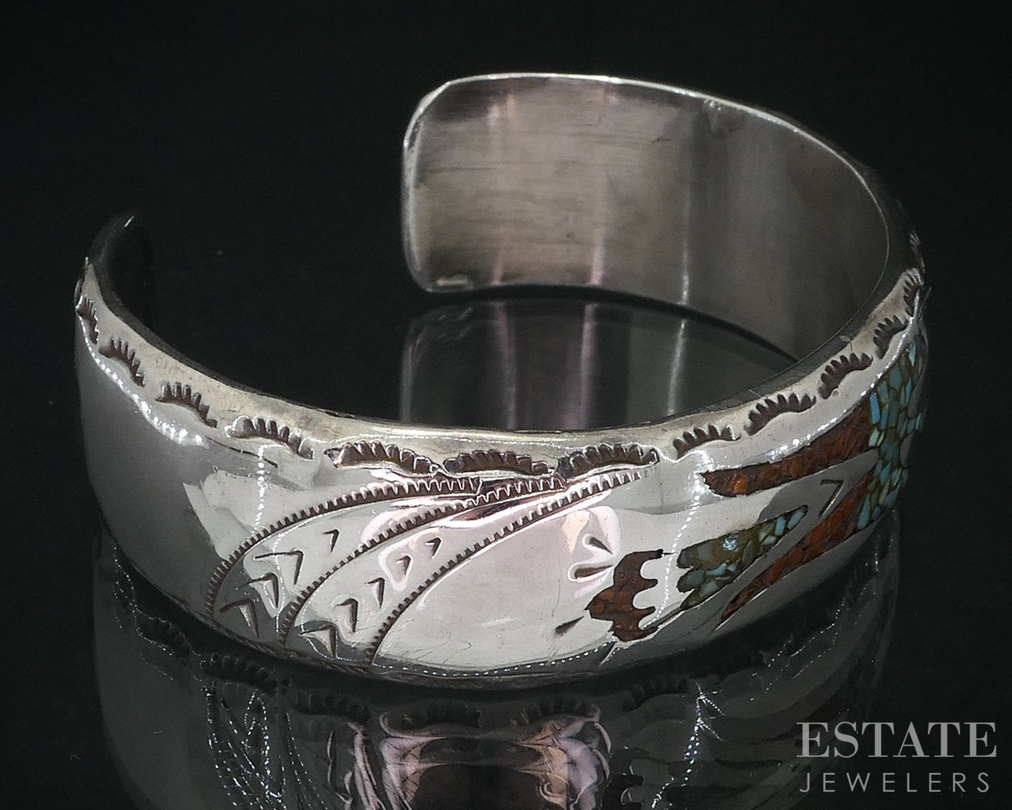 Vintage Sterling Turquoise & Coral Navajo Raymond Scott Cuff Bracelet 32g i18737