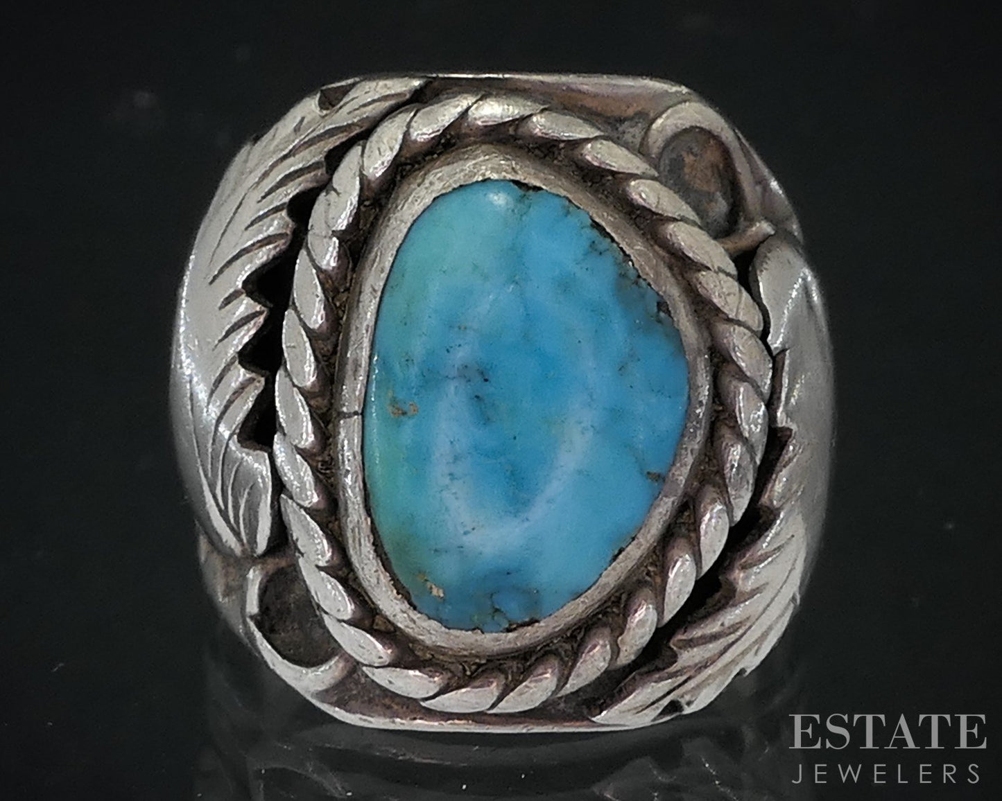 Vintage Sterling Natural Turquoise Navajo Larry Sandoval Mens Ring 11g i18728