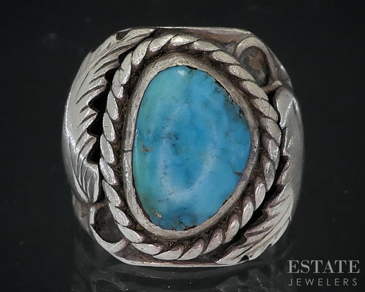 Vintage Sterling Natural Turquoise Navajo Larry Sandoval Mens Ring 11g i18728