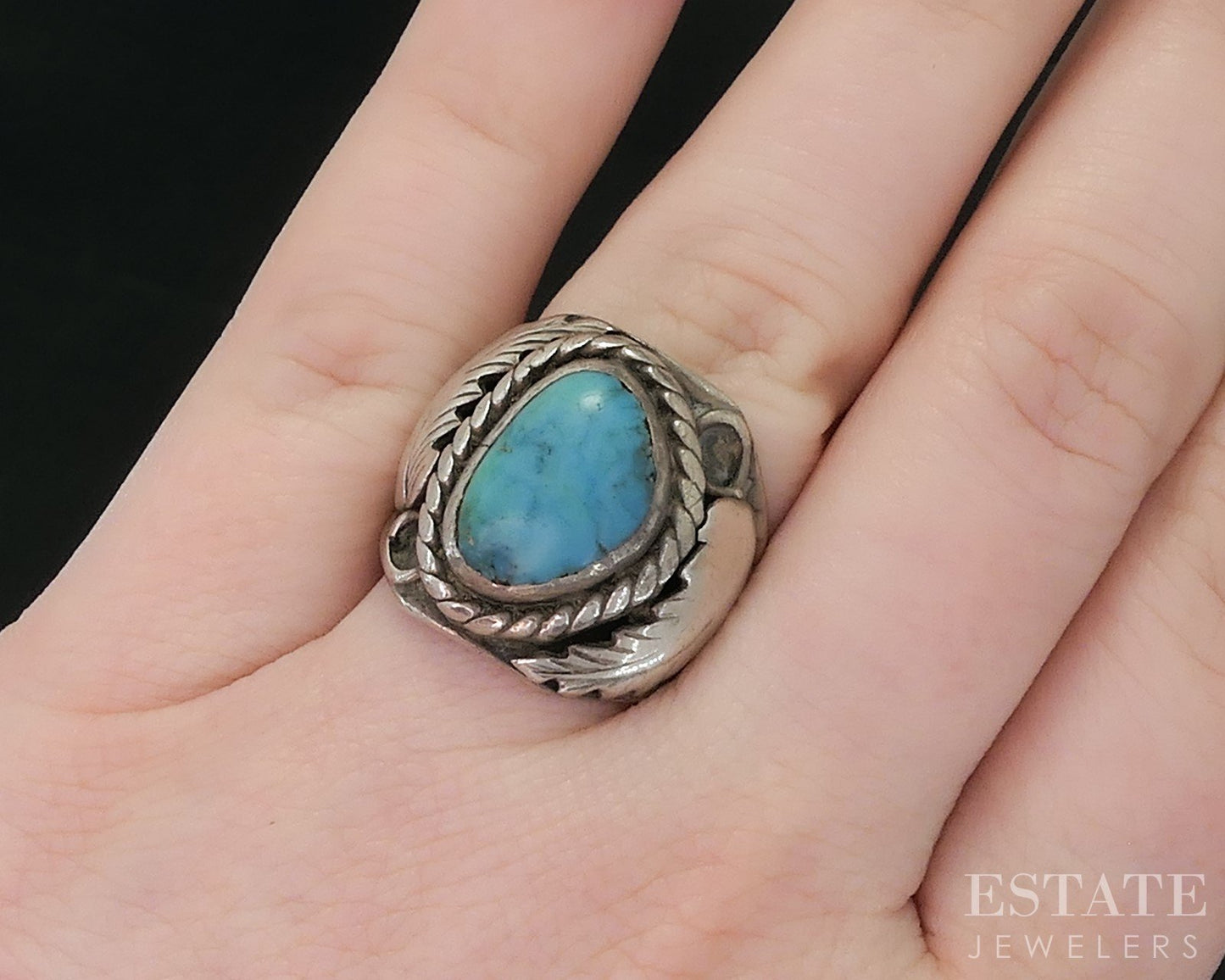 Vintage Sterling Natural Turquoise Navajo Larry Sandoval Mens Ring 11g i18728