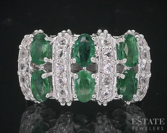 Sterling Silver Natural Emerald & White Topaz Ladies Band Ring 5.1g i18727
