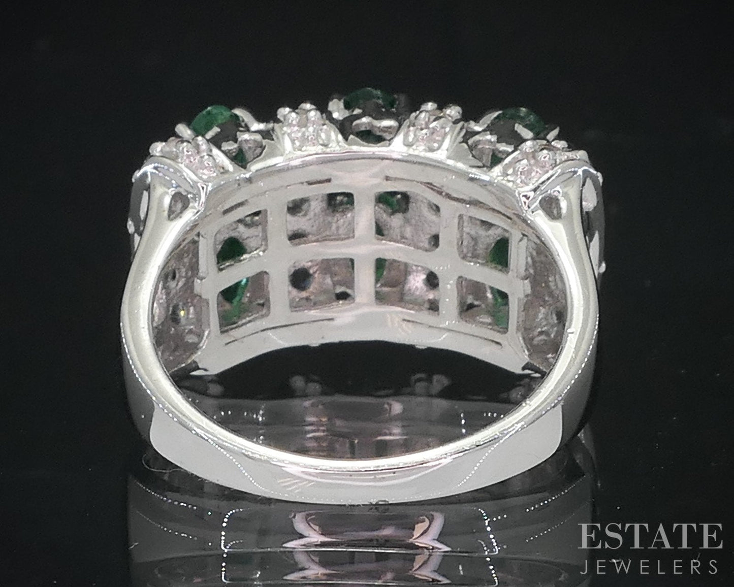 Sterling Silver Natural Emerald & White Topaz Ladies Band Ring 5.1g i18727