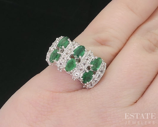 Sterling Silver Natural Emerald & White Topaz Ladies Band Ring 5.1g i18727