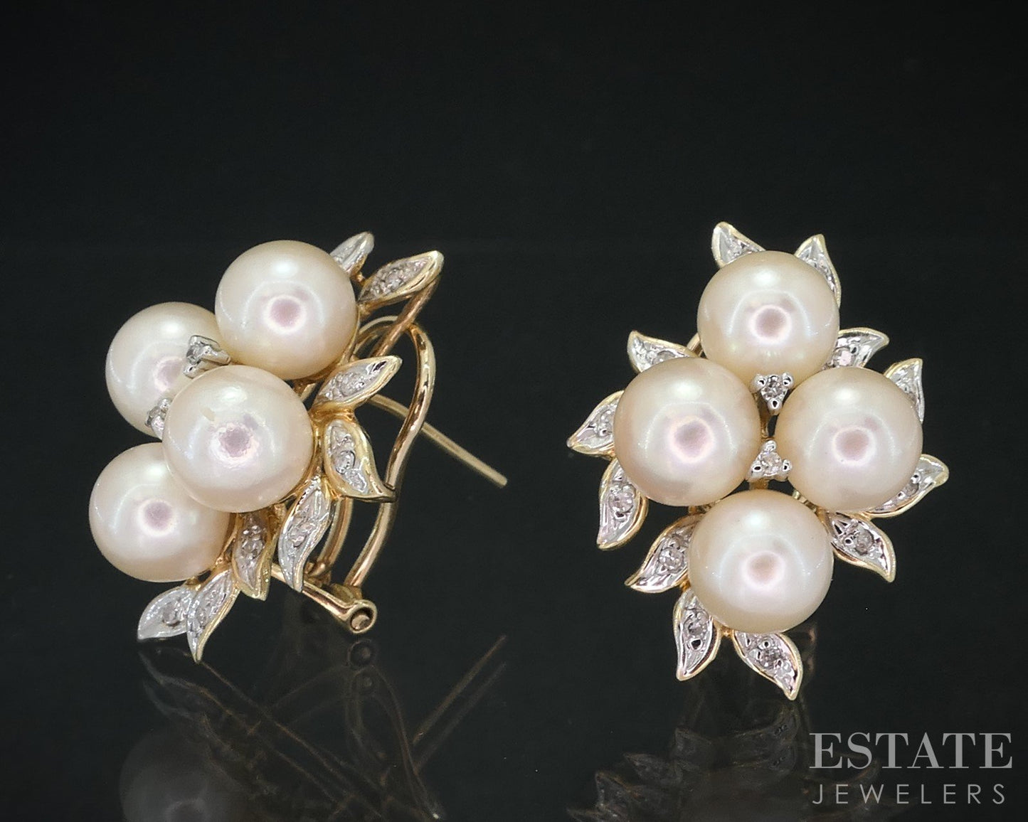 Vintage 14k Yellow Gold 7mm Akoya Pearl Omega Back Cluster Earrings 10.4g i18815