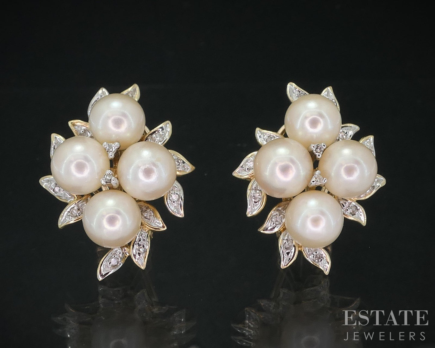 Vintage 14k Yellow Gold 7mm Akoya Pearl Omega Back Cluster Earrings 10.4g i18815