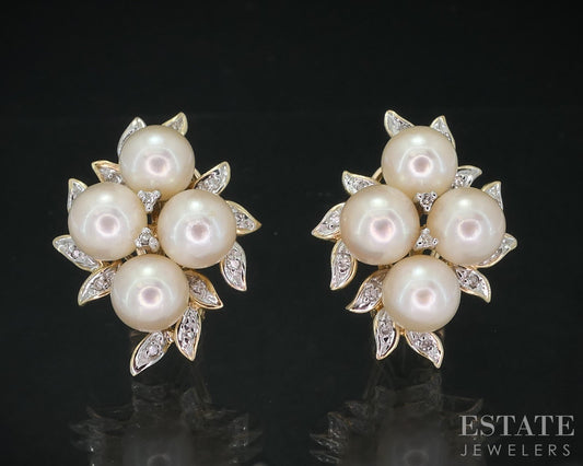 Vintage 14k Yellow Gold 7mm Akoya Pearl Omega Back Cluster Earrings 10.4g i18815