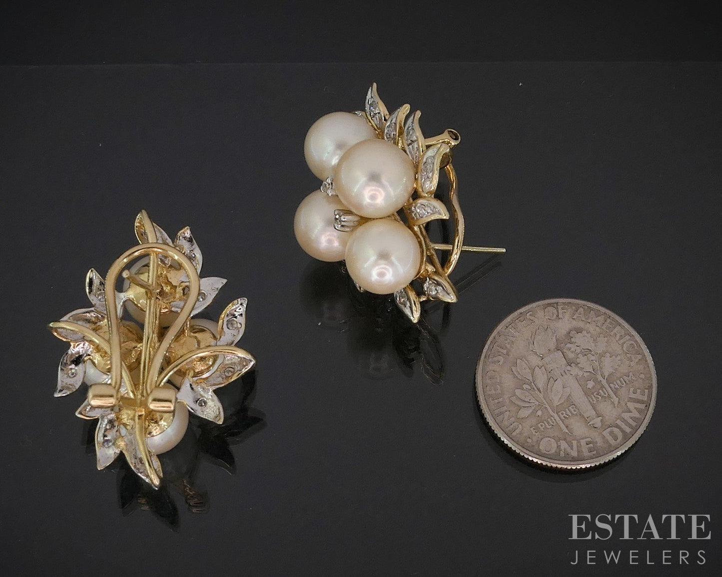 Vintage 14k Yellow Gold 7mm Akoya Pearl Omega Back Cluster Earrings 10.4g i18815