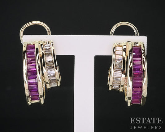 14k Yellow Gold Natural Ruby & Diamond Double Hoop Earrings 6.3g i18821