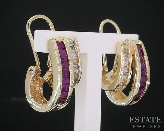 14k Yellow Gold Natural Ruby & Diamond Double Hoop Earrings 6.3g i18821
