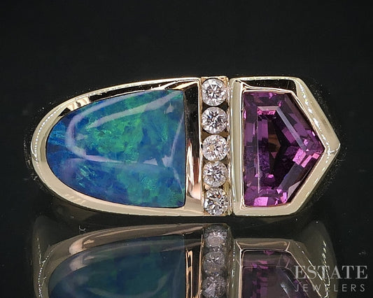 14k Yellow Gold Kabana Natural Tourmaline Opal & Diamond Ring 6g i18803