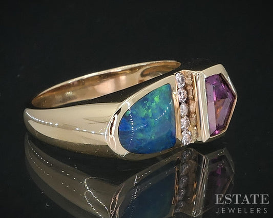 14k Yellow Gold Kabana Natural Tourmaline Opal & Diamond Ring 6g i18803