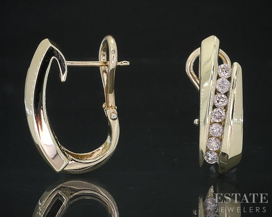 14k Yellow Gold Natural .56ctw Diamond J Hoop Omega Back Earrings 8g i18809