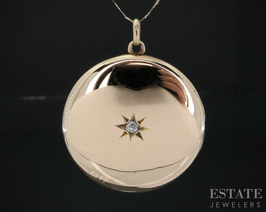 Antique 10k Yellow Gold European Cut Diamond Circle Locket Necklace 10.8g i18819