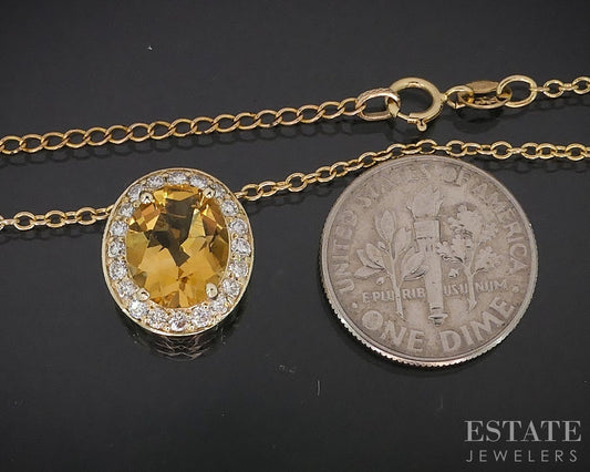 14k Yellow Gold Natural Citrine & Diamond Ladies Necklace 4.2g 18"L i18811